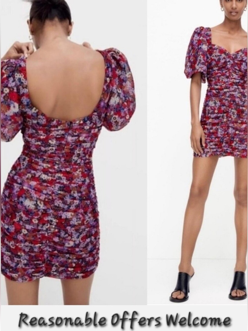 Zara Floral Puff-Sleeve Ruched Mini Dress - Pink Purple Red Mix. NWT Size Medium